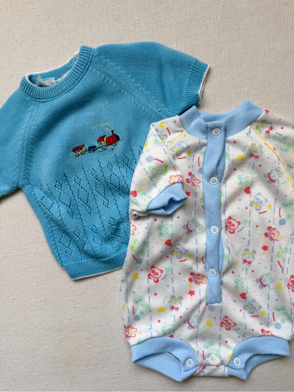 Vintage Baby Bundle 2 Piece Lot Knit Train Sweater AOP Teddy Bear Romper